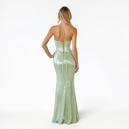 Vestido Largo Lentejuela Verde Sage Drapeado