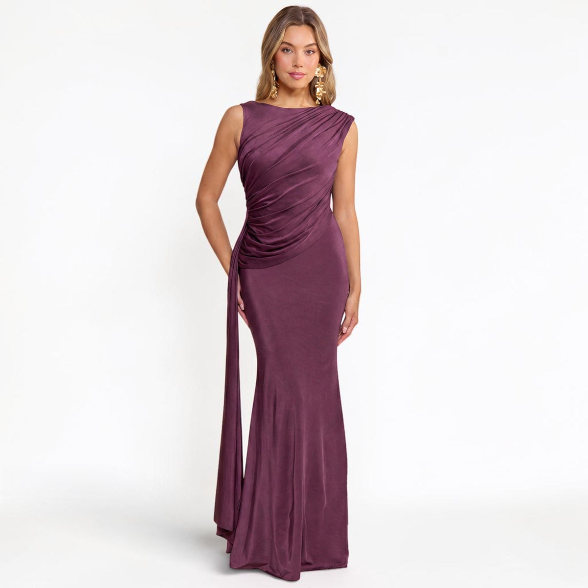 Vestido Largo Ciruela con Drapeado