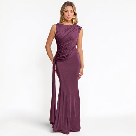 Vestido Largo Ciruela con Drapeado