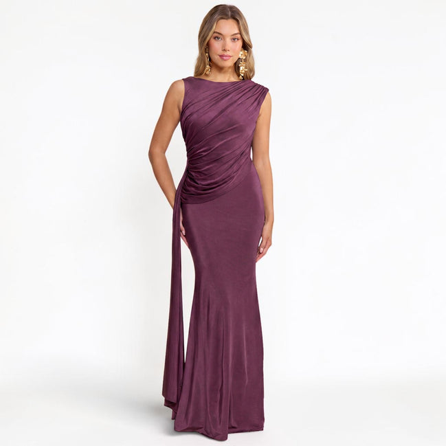 Vestido Largo Ciruela con Drapeado