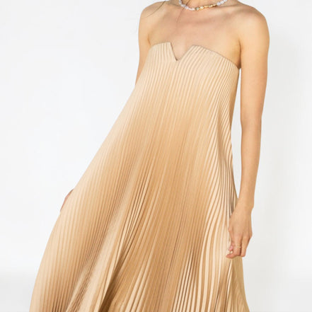 Vestido Largo Strapless Plisado Champagne