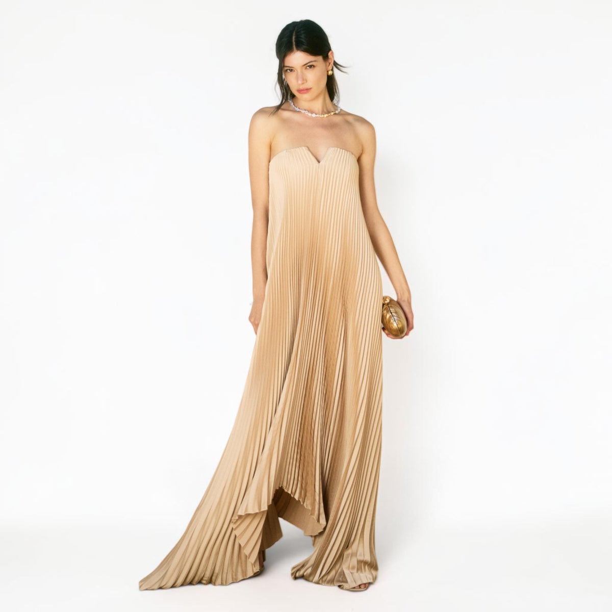 Vestido Largo Strapless Plisado Champagne