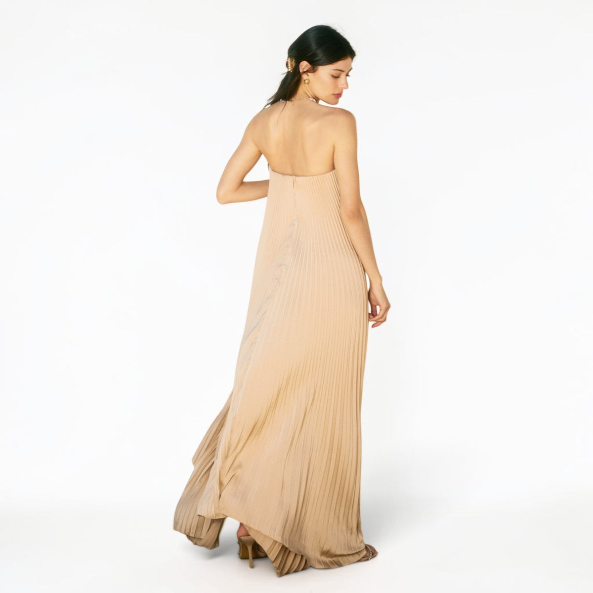 Vestido Largo Strapless Plisado Champagne