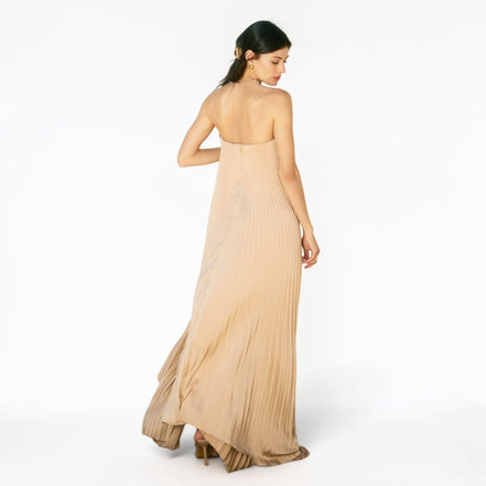 Vestido Largo Strapless Plisado Champagne