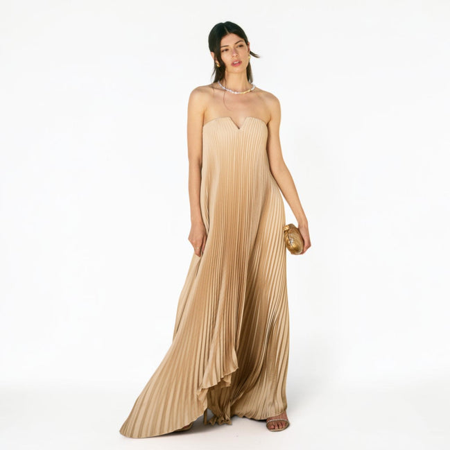 Vestido Largo Strapless Plisado Champagne