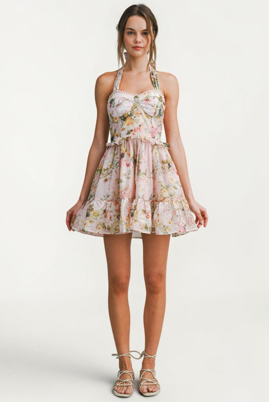 Vestido corto floral rosa palo para fiesta de día