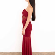 Vestido largo de encaje vino de perfil izquierdo