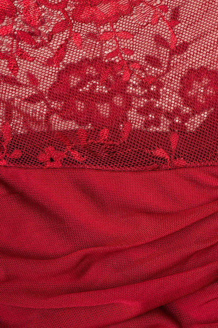 Detalle del encaje vino del vestido