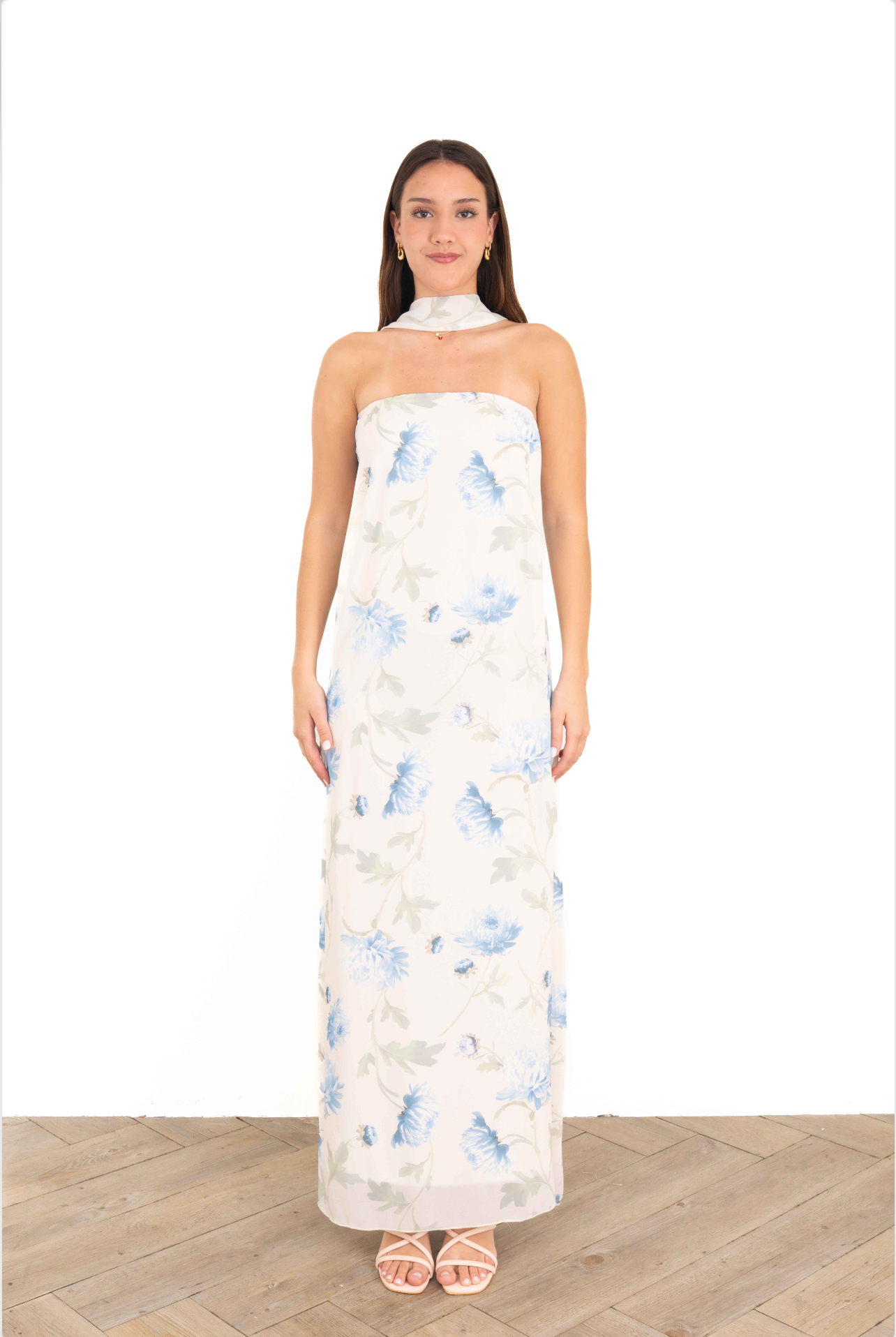 Vestido largo floral marfil strapless para boda