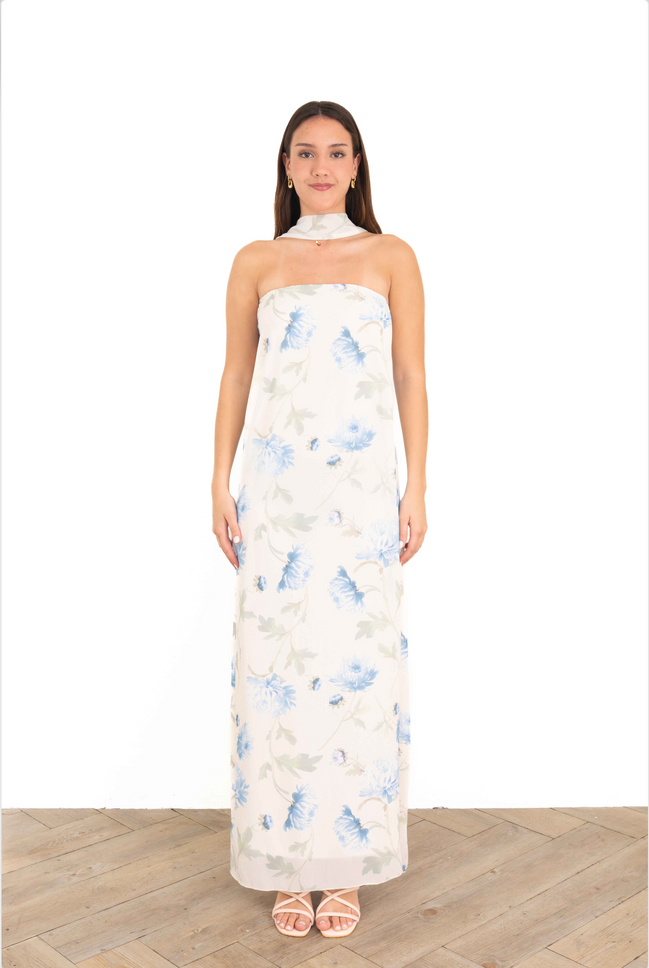 Vestido largo floral marfil strapless para boda