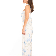 Vestido largo floral marfil strapless de perfil izquierdo