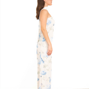 Vestido largo floral marfil strapless de perfil derecho
