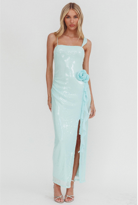 Vestido largo de lentejuela verde menta con halter para boda