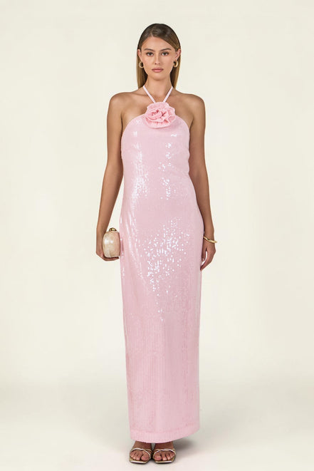Vestido largo rosa de lentejuela con halter para fiesta