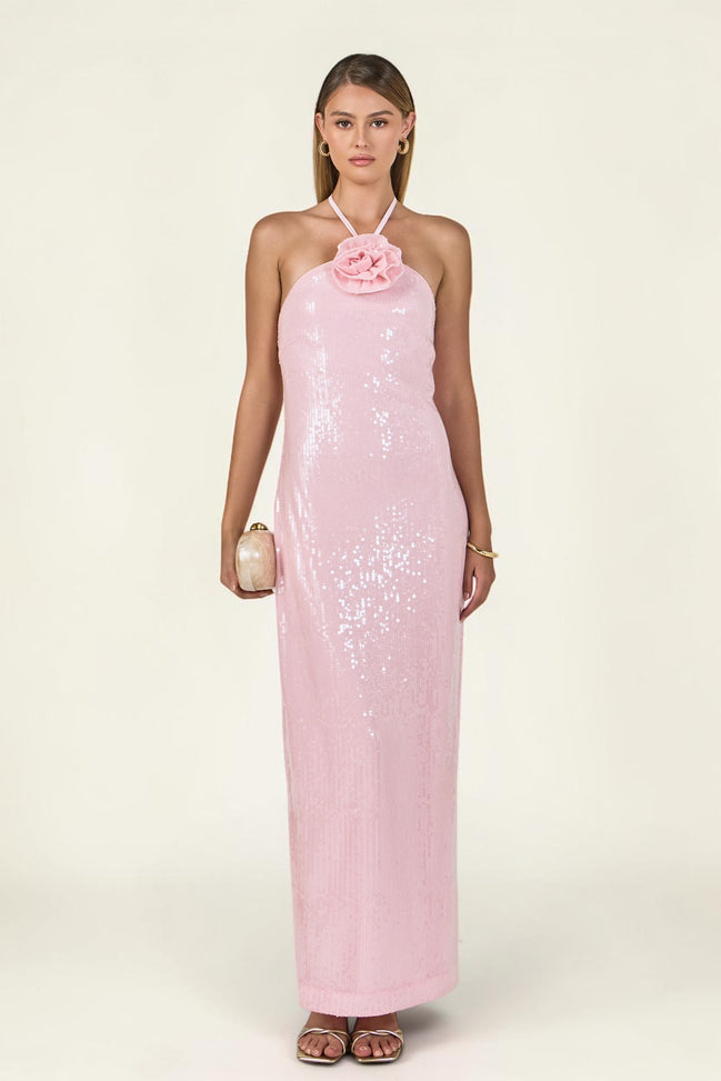Vestido largo rosa de lentejuela con halter para fiesta