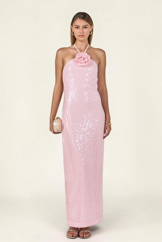 Vestido largo rosa de lentejuela con halter para fiesta