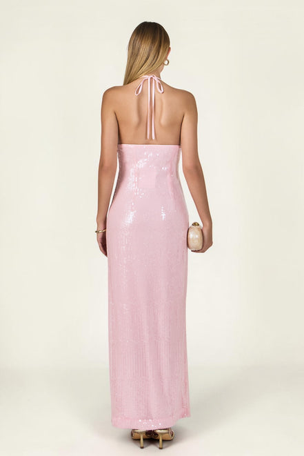 Espalda de vestido largo rosa de lentejuela con halter