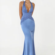 Vestido largo satinado azul cielo con halter para boda