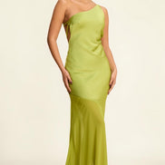Vestido largo verde lima de un hombro para fiesta