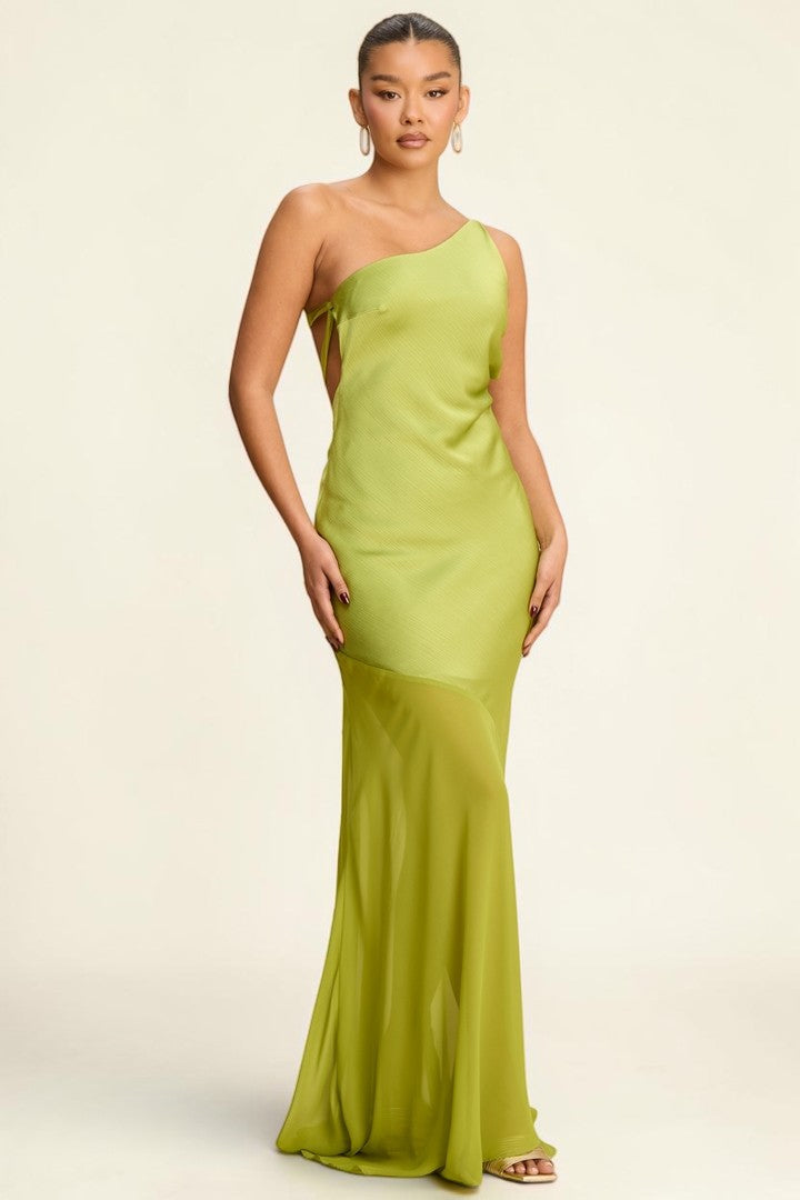 Vestido largo verde lima de un hombro para fiesta