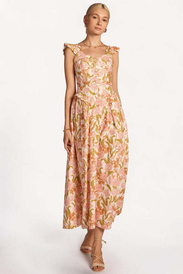 Vestido midi floral con botones y falda amplia para bautizo