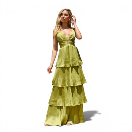 Vestido Largo Lima con Escote V Profundo y Capas