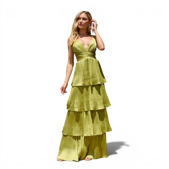 Vestido Largo Lima con Escote V Profundo y Capas